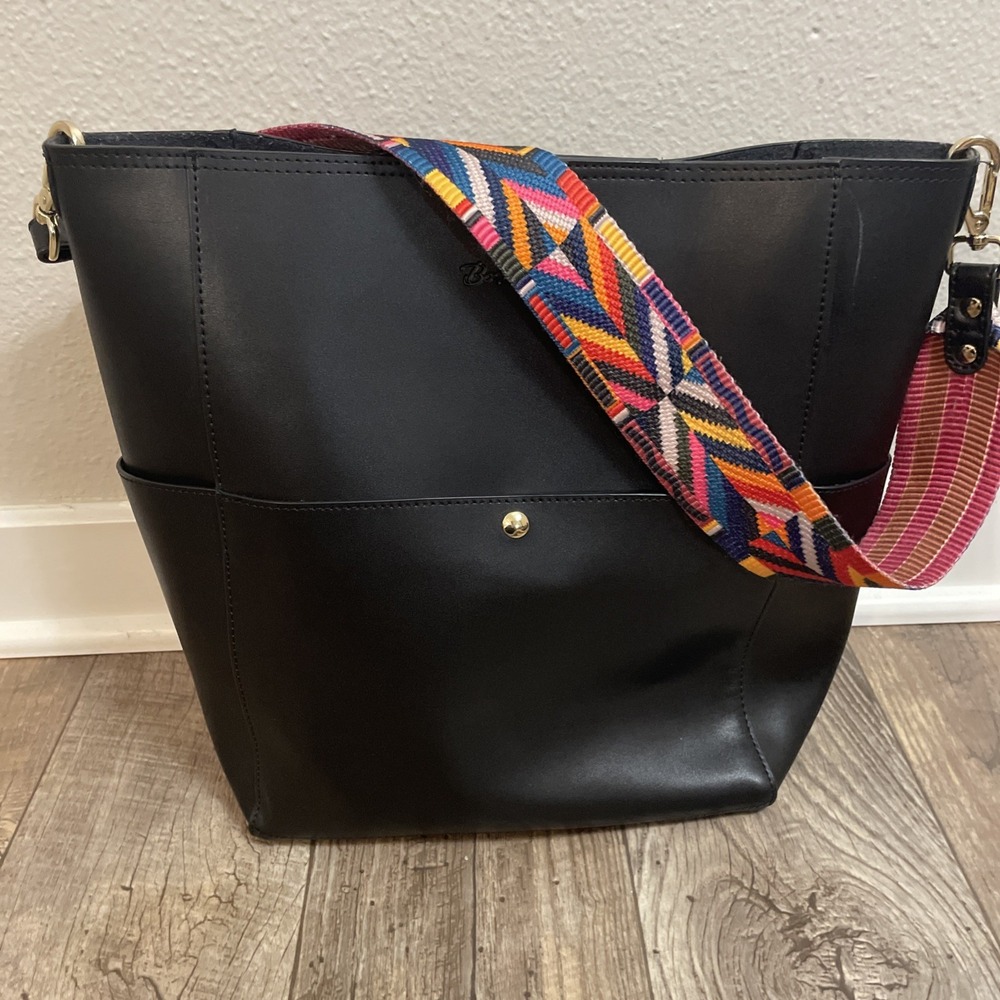 Bostanten‎ Black Tote Bag with Colorful Strap Outer Pockets Magnet Close